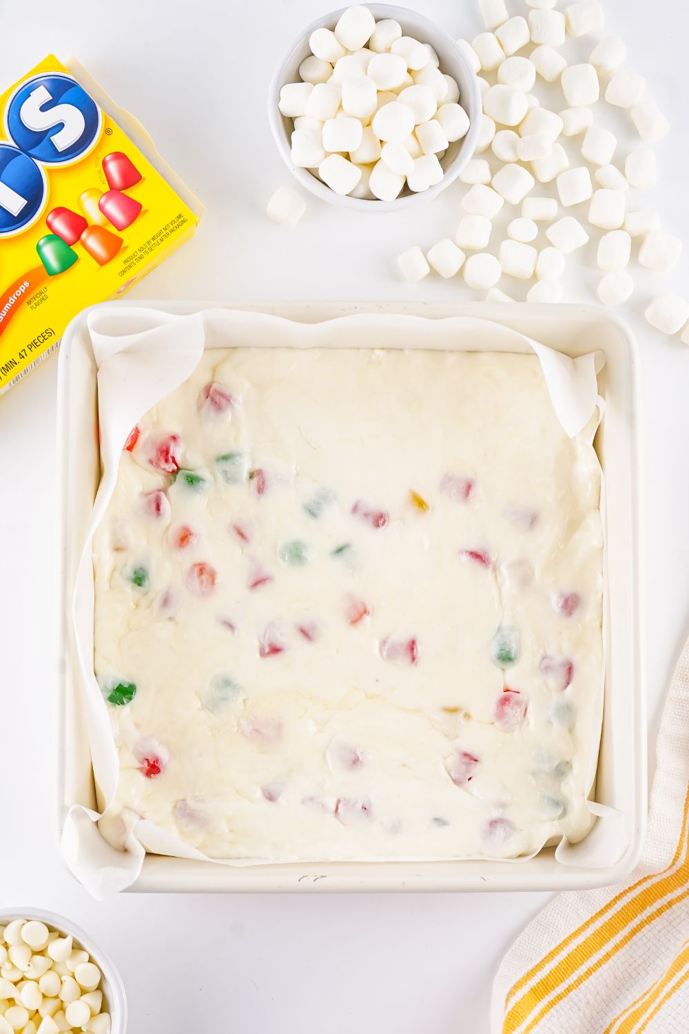 8x8 pan with Christmas Gumdrop Nougat Candy poured in it 