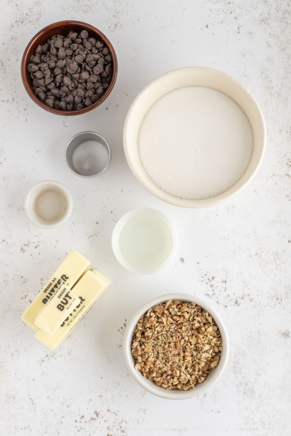 ingredients for English Toffee in single serve bowls on table 