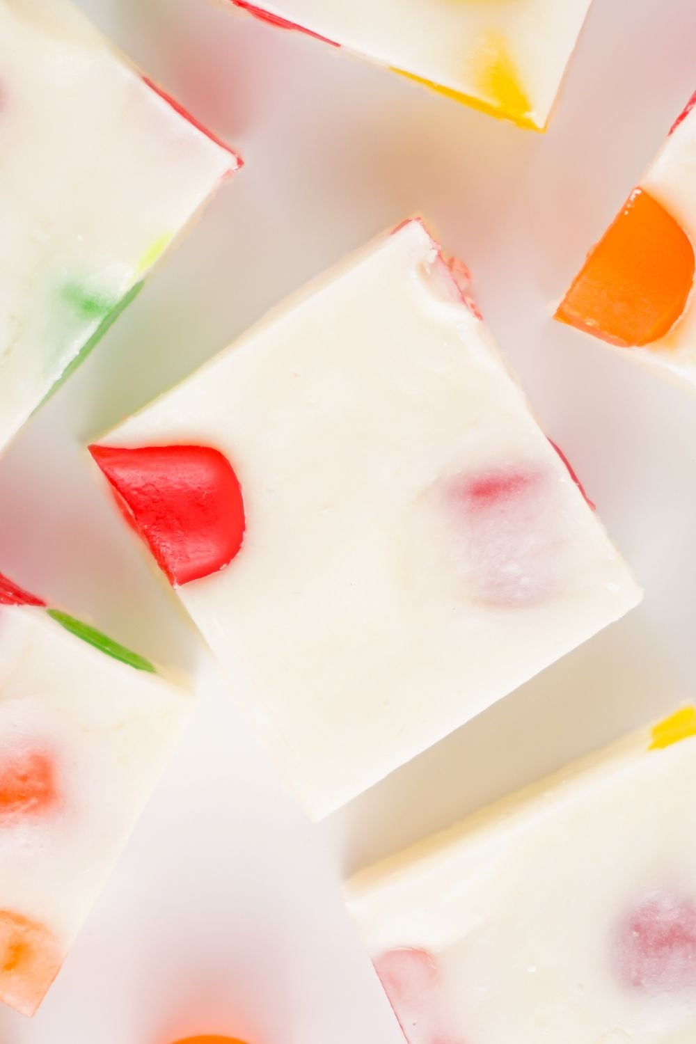 close look up and slices of Christmas Gumdrop Nougat Candy with gumdrops 