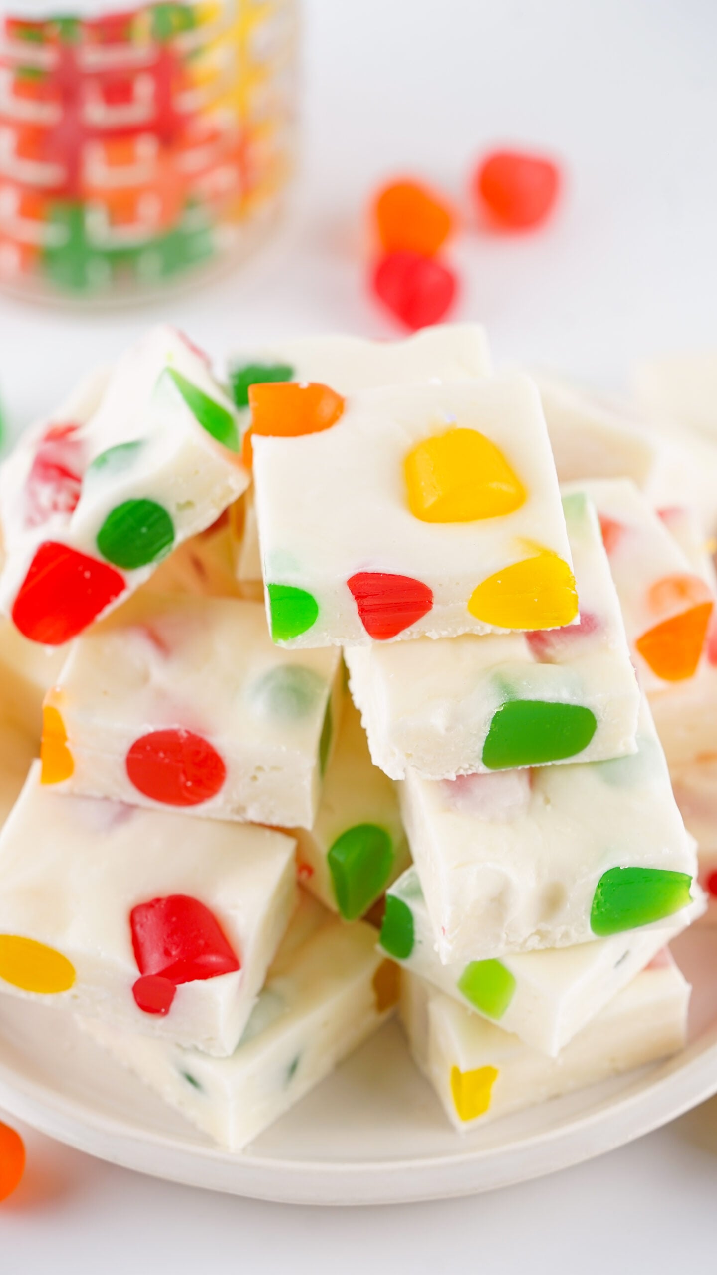 plate full of stacked Christmas Gumdrop Nougat Candy 