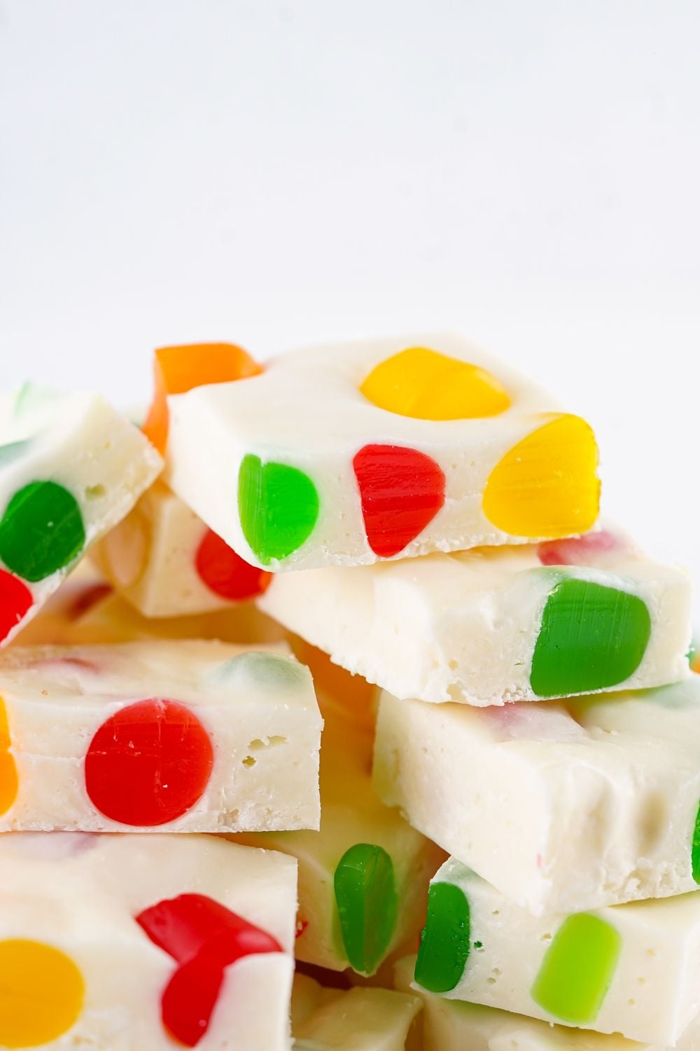 Christmas Gumdrop Nougat Candy stacked on table with a white background 