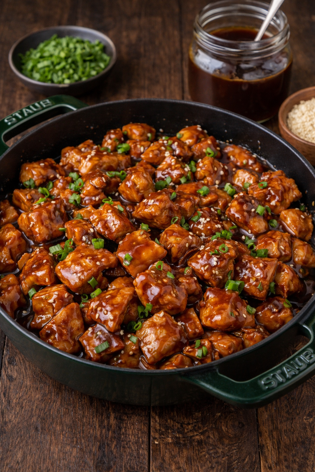 Bourbon Chicken in a green staub skillet covered in sesame seeds and chives 