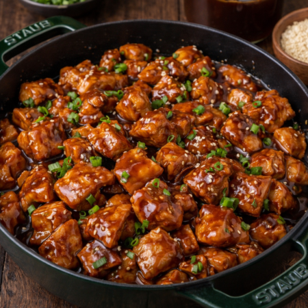 Bourbon Chicken in a green skillet