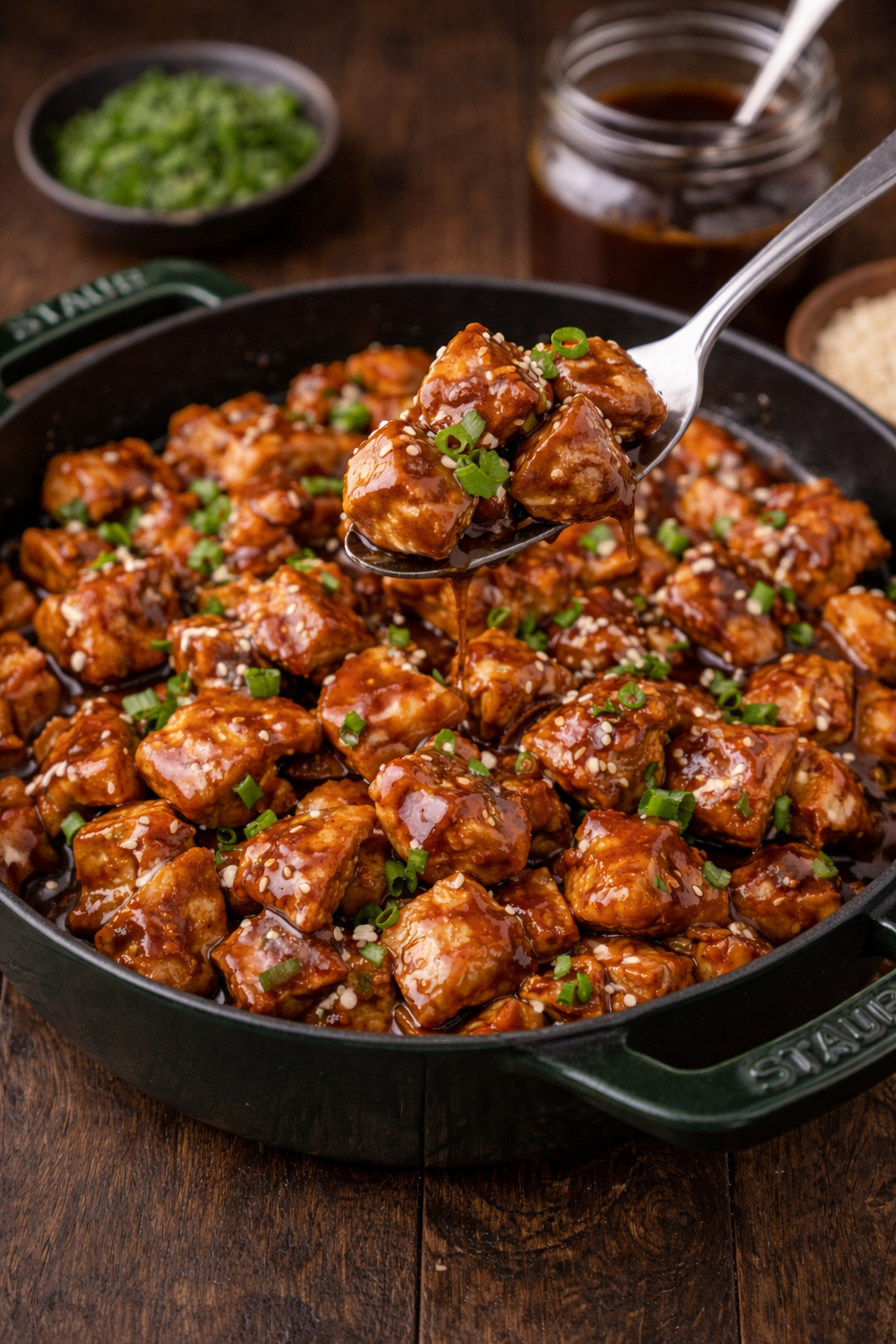 Bourbon Chicken in a green staub skillet with a spoon lifting up a bite 