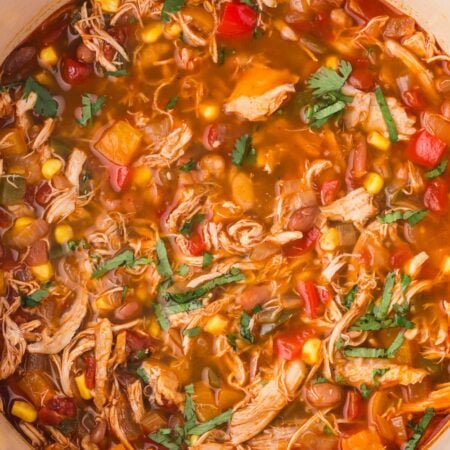 Southwestern Chicken Soup in a red and white pot on a table