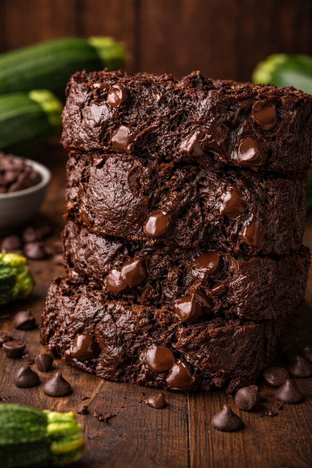 stack of chocolate zucchini bread with chocolate chips 