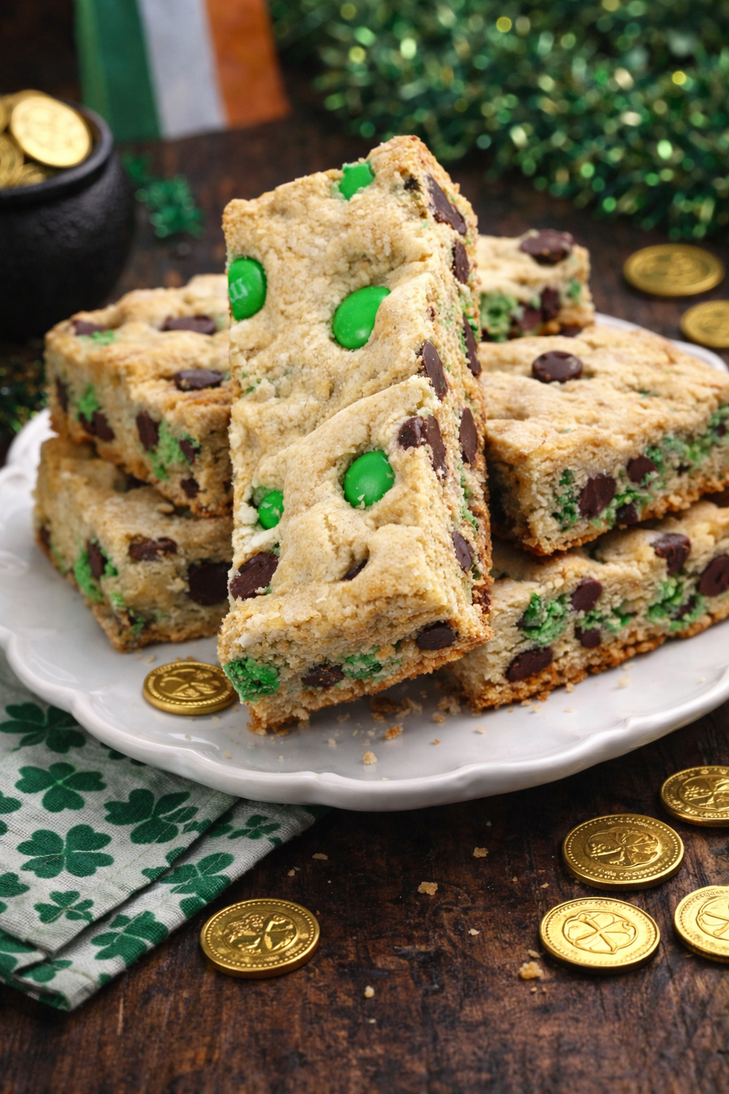 Saint Patrick's Day Chocolate Chip Cookie Bars on a white plate with st paddys day decor 