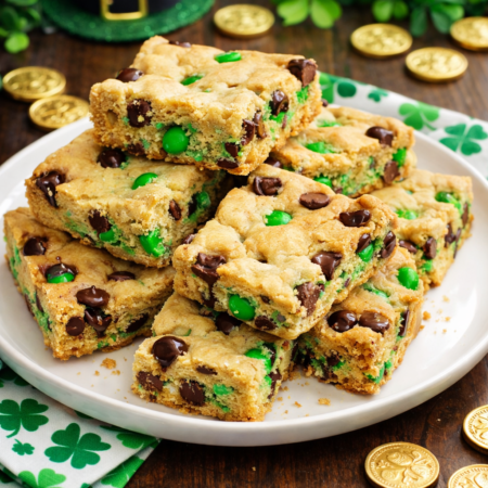 Saint Patrick's Day Chocolate Chip Cookie Bars on a white plate with st paddys day decor