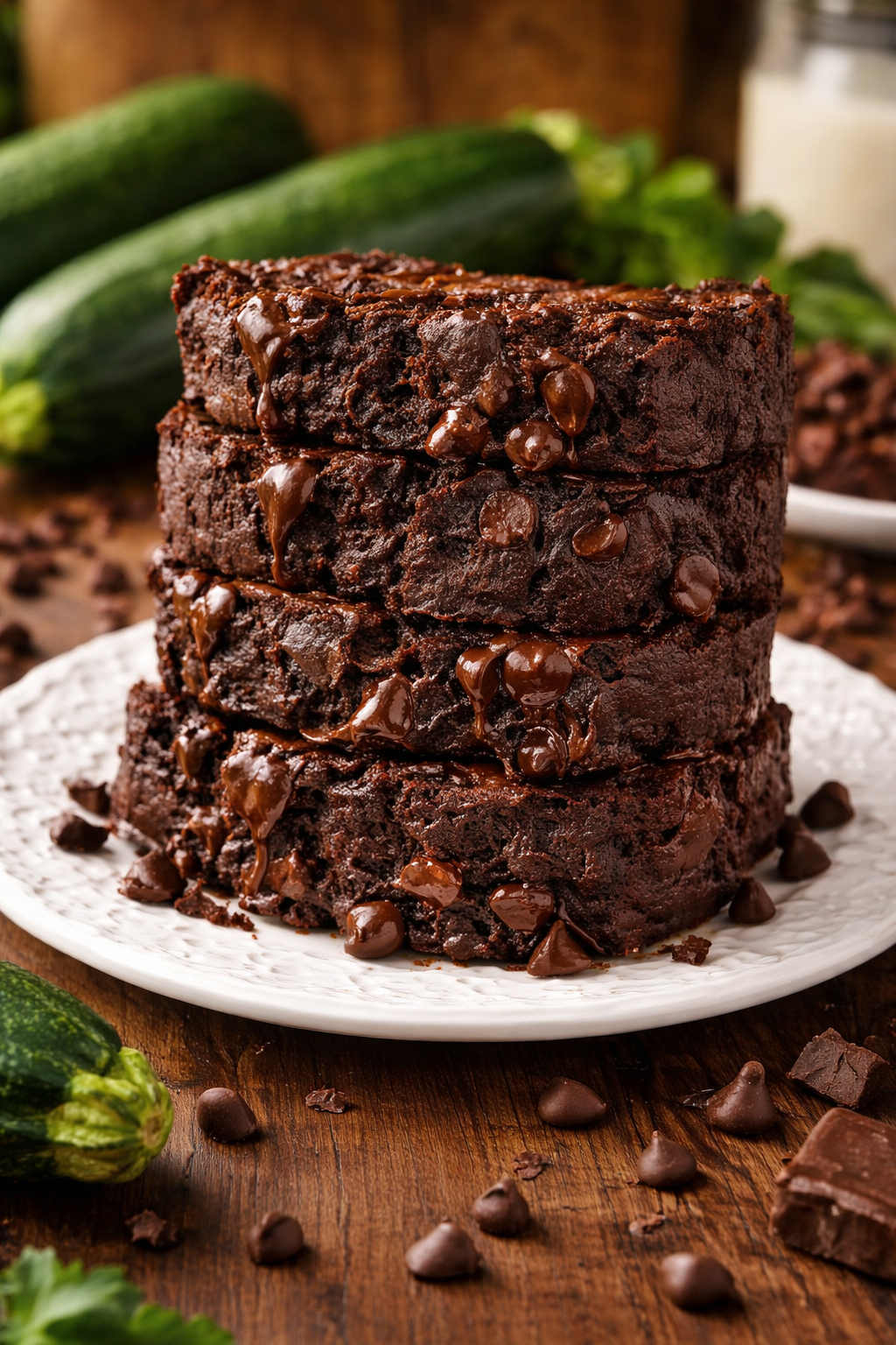 Double Chocolate Zucchini Bread sliced and placed on a white plate with zucchini in the background