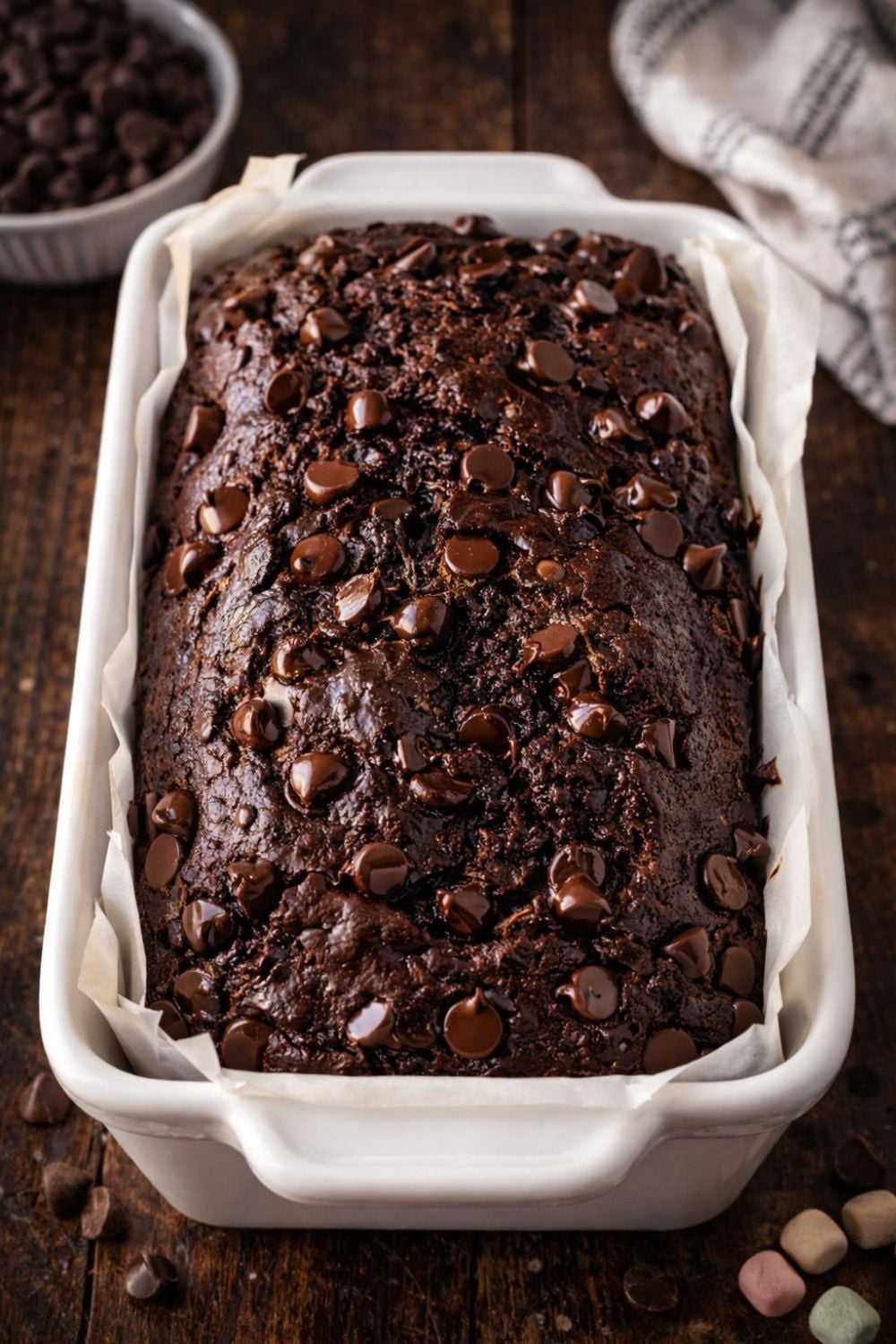 looking down on a white loaf pan with a Double Chocolate Zucchini Bread studded with chocolate chip