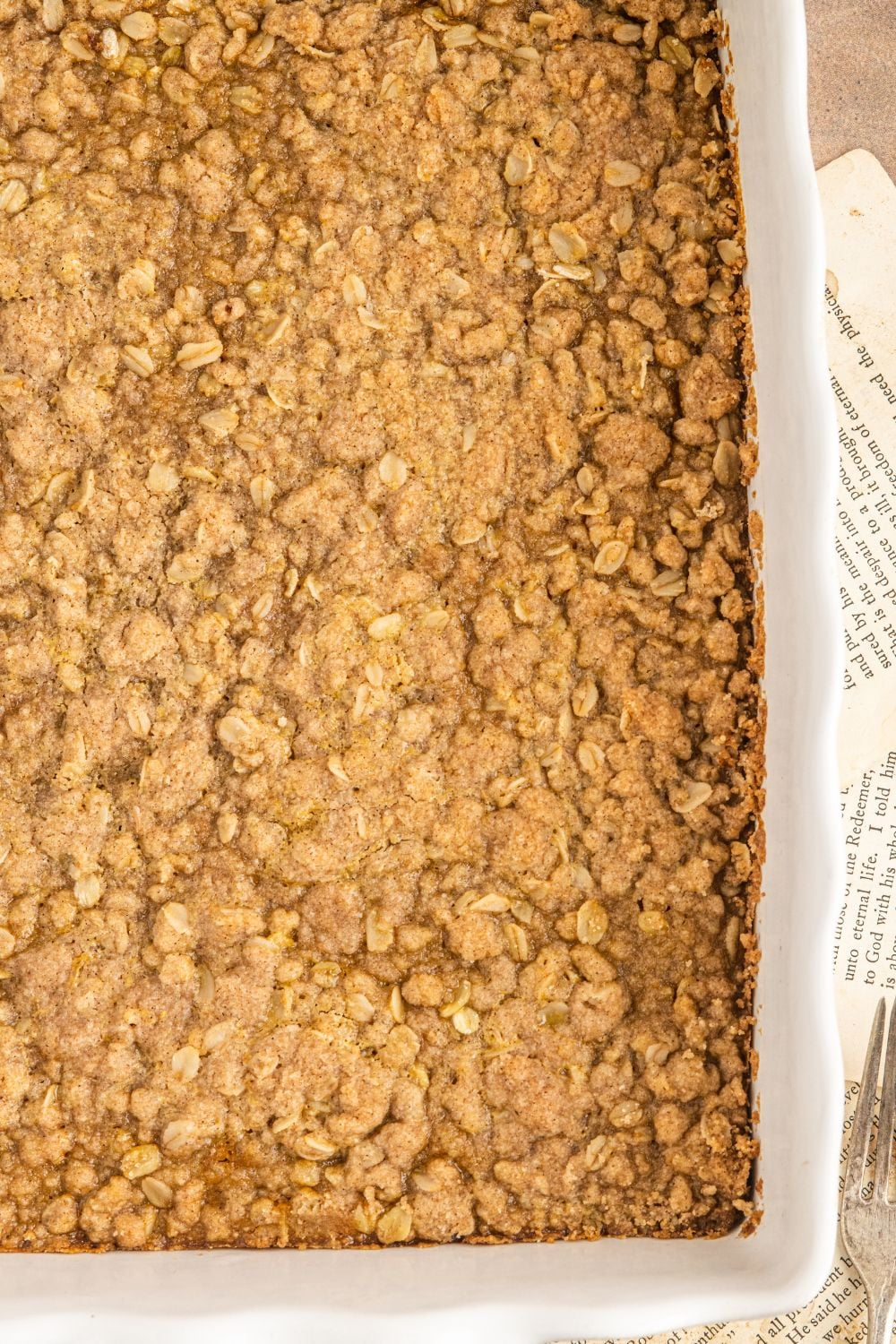 Homemade Pumpkin Crisp in a pan looking at it overhead on the table 